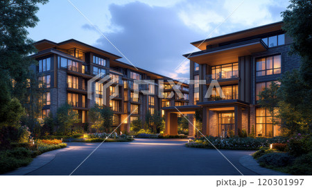 豪華な木造アパートの夕景 120301997