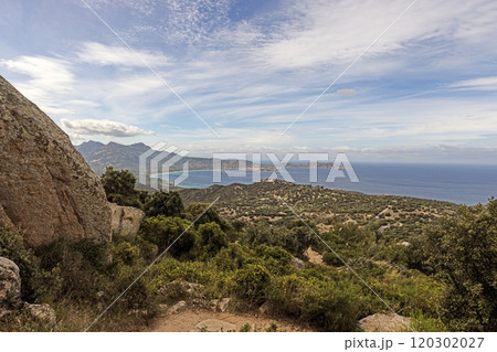 Panoramic view of the western Corsican coastline from the historic abandoned village of Occi Panoramic view of the western Corsican coastline from the historic abandoned village of Occi 120302027