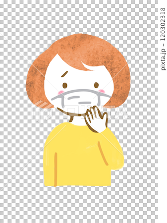 困った顔でマスクをしている女性の手描きイラスト 120302318