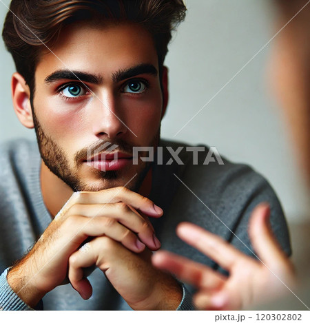 相手の目をみて真剣に聞き入っているシーン 120302802