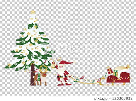 Santa Claus pulling a sleigh, reindeer and snow-covered fir tree_collection style Santa Claus pulling a sleigh, reindeer and snow-covered fir tree_collection style 120303938