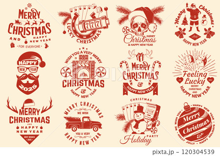 Set of Lucky Christmas casino night. Vintage print, logo, badge design with santa claus, casino dice, fireplace, poker playing card, slot machines and sweet candy cane. Vector illustration 120304539