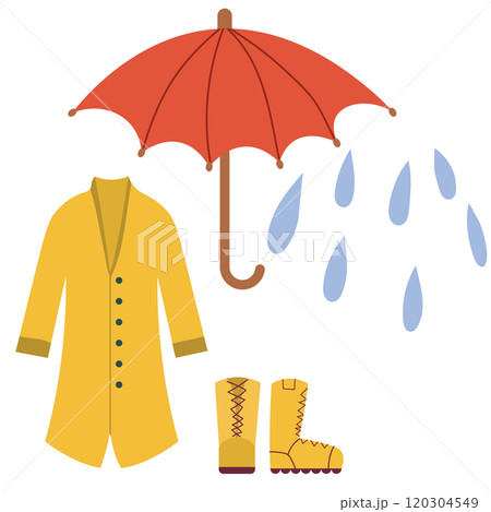 Autumn rainy clothing. Yellow waterproof raincoat, umbrella and boots for rainy weather isolated on white. 120304549