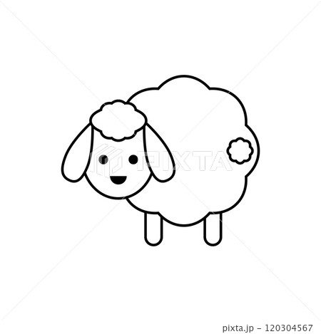 Cute white sheep with tail. Vector drawing. Lamb linear outline isolated illustration.  120304567