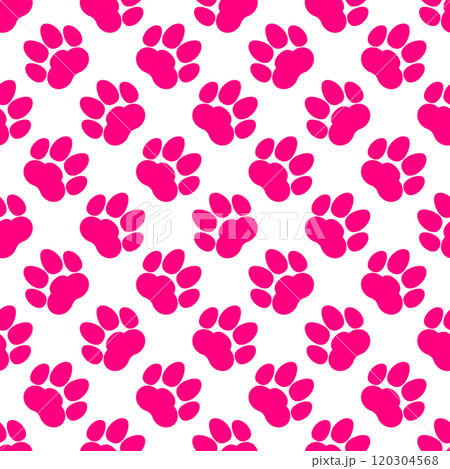 Pink paw print seamless repeating background pattern. Cat or dog footprints. Vector illustration.  120304568