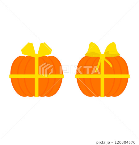 Gift pumpkin with bow and ribbon. Vector clipart and illustration on a white background.  120304570
