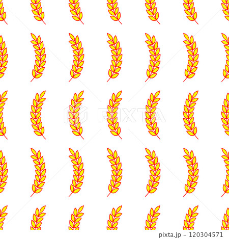 Background and pattern with red yellow ears of wheat, barley or rye. Vector seamless repeating editable template on white background.  120304571