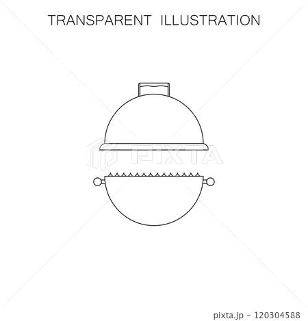 Black bbq grill vector illustration with fire and open lid on white background. Transparent and thin line outline. Editable template.  120304588