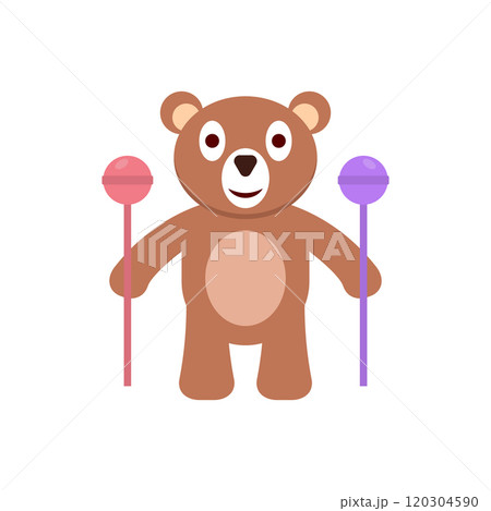 Cartoon plush bear toy with candy. Isolated  illustration. Vector drawing. Clipart on white background. 120304590