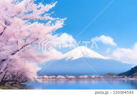 桜と富士山と青空の水彩イラスト。日本の春のイメージ。 120304593