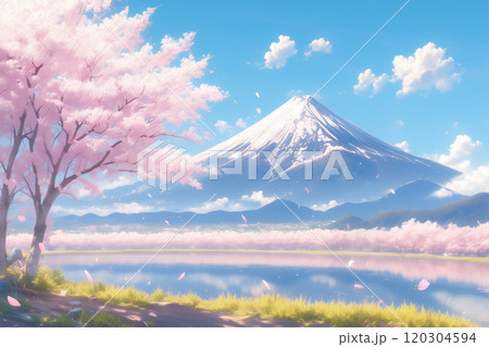 桜と富士山と青空の水彩画イラスト。日本の春のイメージ。 120304594
