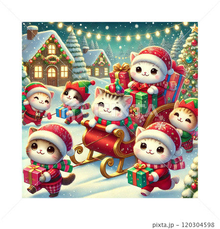 そりにのってクリスマスプレゼントを運ぶねこたち　サンタにゃんず　Generative AI 120304598