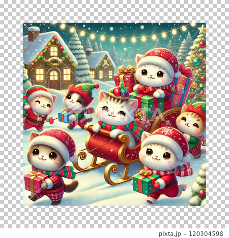 そりにのってクリスマスプレゼントを運ぶねこたち　サンタにゃんず　Generative AI 120304598