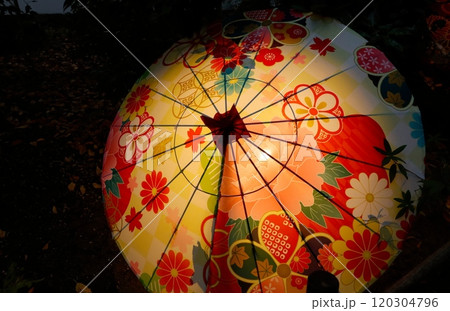カラフルな花柄の和傘のイルミネーション カラフルな花柄の和傘のイルミネーション 120304796