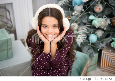 delivery christmas gifts. happy little girl celebrate winter holiday. christmas time. happy new year. Cute little child girl with xmas present. Merry Christmas and Happy New Year 120304878