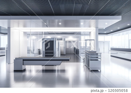 Sleek airport security checkpoint features advanced scanning equipment spacious layout, facilitating efficient passenger flow while ensuring safety measures are in place. 120305058