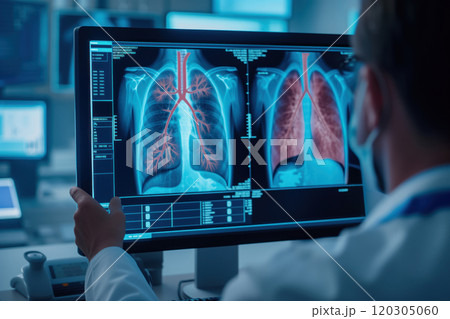 Medical professional examines detailed lung scans displayed on monitor in healthcare environment, emphasizing significance of respiratory health diagnostics. 120305060
