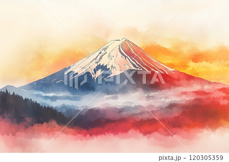 水彩で表現された赤富士と夕景 - 心安らぐ日本の風景アート 120305359
