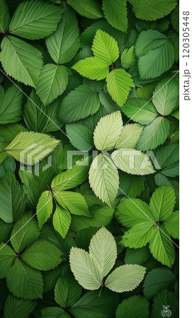 Various shades of green leaves create a lush texture on the forest floor during daytime in spring 120305448