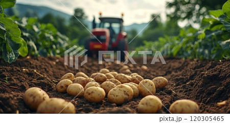 Farmers harvest fresh potatoes in a sunny field with a tractor during the evening golden hour Farmers harvest fresh potatoes in a sunny field with a tractor during the evening golden hour 120305465