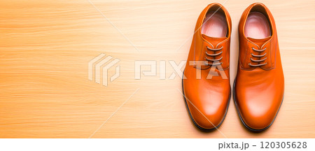 Stylish Brown Leather Shoes on Wooden Surface 120305628