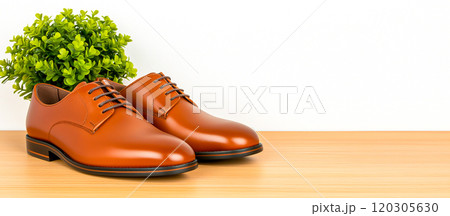 Elegant Brown Shoes on Wooden Surface with Plant Decor 120305630