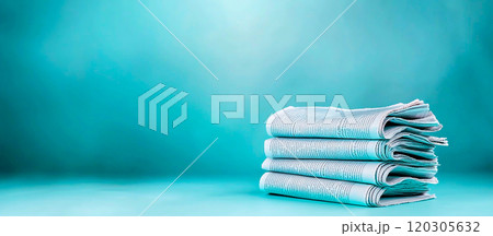 Stack of Fresh Newspapers on Blue Background 120305632
