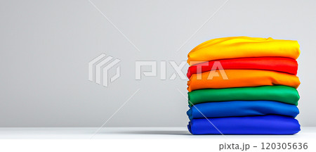 Vibrant Stacked T-shirts on a Minimalist Background 120305636