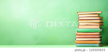 Colorful Stacked Books on a Green Background 120305655