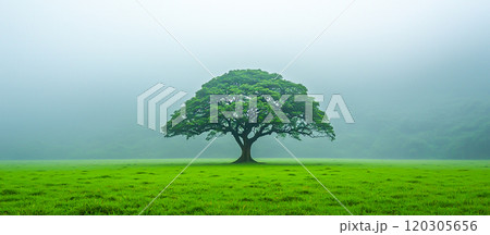 Serene Tree in Misty Landscape 120305656