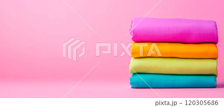Colorful Stacked Fabrics on a Pink Background 120305686