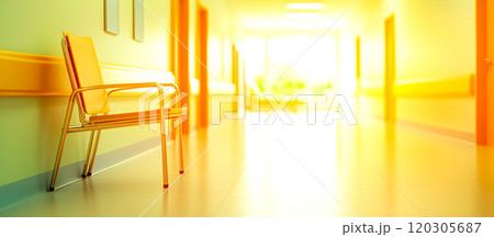 Bright Hospital Corridor with Empty Chair 120305687