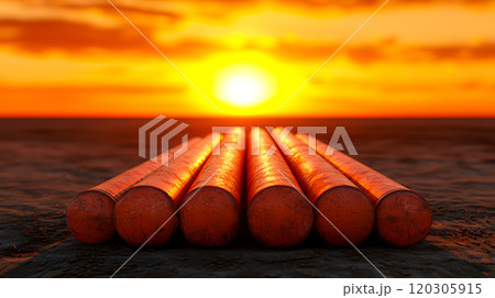 Sunset Over Stacked Cylinders on Desert Landscape 120305915