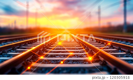 Sunset View of Train Tracks Leading into Horizon 120305918
