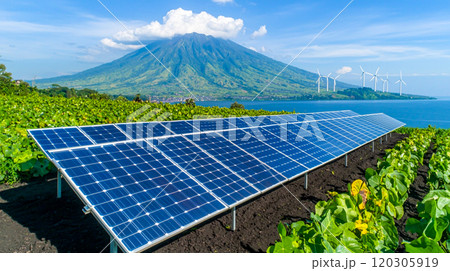 Solar Panels with Mountain and Wind Turbines in Background Solar Panels with Mountain and Wind Turbines in Background 120305919