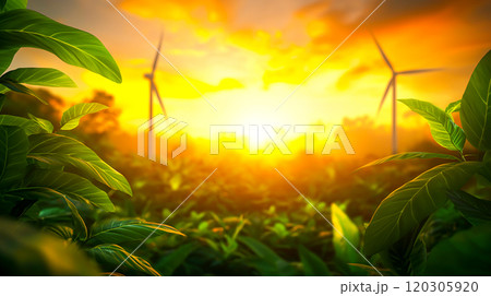 Sunlit Landscape with Wind Turbines and Green Plants 120305920