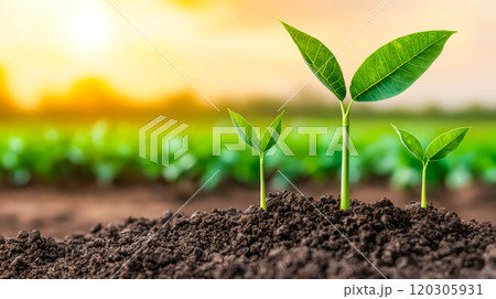 Fresh Green Plant Sprouts Emerging from Soil 120305931