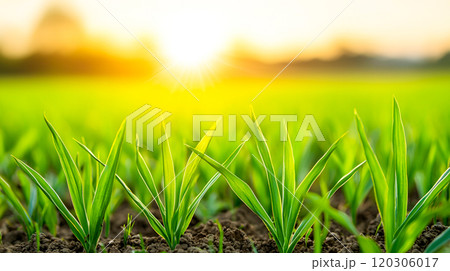 Vibrant Green Grass at Sunrise in Nature Setting Vibrant Green Grass at Sunrise in Nature Setting 120306017