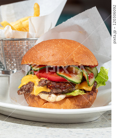 American classic cheeseburger with french fries American classic cheeseburger with french fries 120306092
