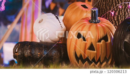 Halloween Holiday. Halloween Jack-o-lantern Pumpkins Tradition. Halloween Background With Lantern And Pumpkin On Grass. Concept Halloween Decoration With Glowing Jack O Lantern And Candle Lamp Halloween Holiday. Halloween Jack-o-lantern Pumpkins Tradition. Halloween Background With Lantern And Pumpkin On Grass. Concept Halloween Decoration With Glowing Jack O Lantern And Candle Lamp 120306213