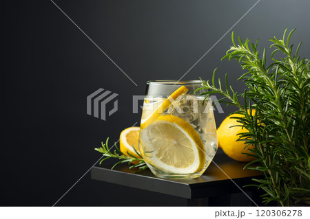 Refreshing drink with ice, lemon slices, and rosemary. Refreshing drink with ice, lemon slices, and rosemary. 120306278