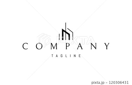 Vector logo with an abstract image of a modern cottage. 120306431