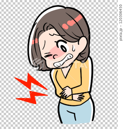 A woman suffering from sharp stomach pain 120306450