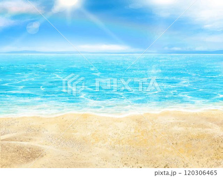 夏の砂浜と空に虹ー雲のある青い空と海の美しいフレームイラスト背景素材 120306465