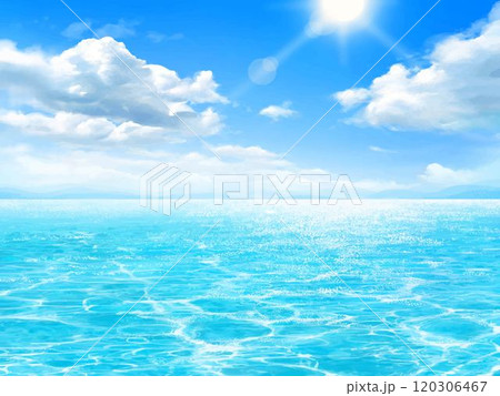 雲と太陽のある青い空と海のゆらめく波ー夏イメージの美しいフレームイラスト素材 120306467