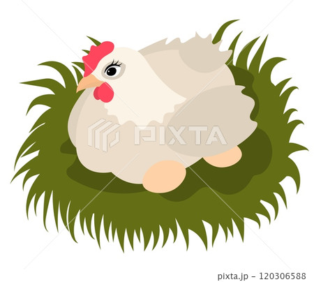 Farm Animals. Cute farm. A cute chicken sits in a nest with eggs. Collection of farm animals. Baby flat vector illustration. 120306588