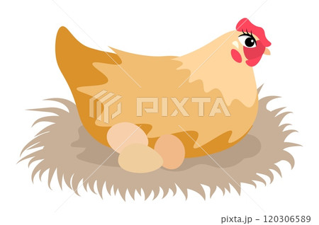 Farm Animals. Cute farm. A red hen sits in a nest with eggs. Collection of farm animals. Baby flat vector illustration. 120306589