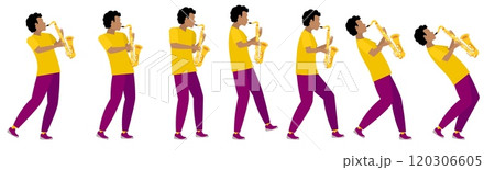 Vector people. Black musician playing saxophone, solo performance. Several poses. Playing jazz or blues. Vector people. Black musician playing saxophone, solo performance. Several poses. Playing jazz or blues. 120306605
