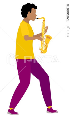 Vector people. Black musician plays beautiful music on saxophone, solo performance. Playing jazz or blues. 120306610