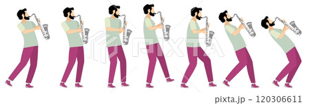 Vector people. Light-skinned musician playing saxophone, solo performance. Several poses. Playing jazz or blues. Vector people. Light-skinned musician playing saxophone, solo performance. Several poses. Playing jazz or blues. 120306611